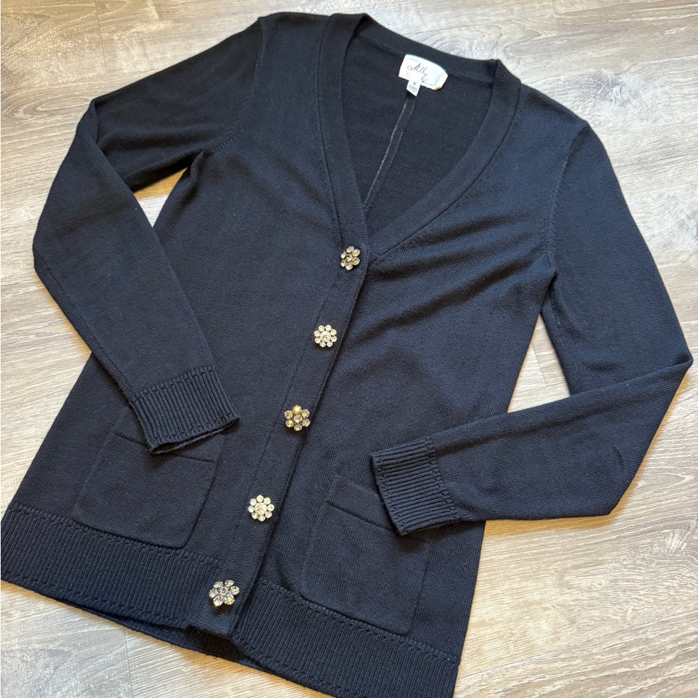 Milly New York Black Cardigan – Crystal Flower Buttons, Classic Fit, Size S